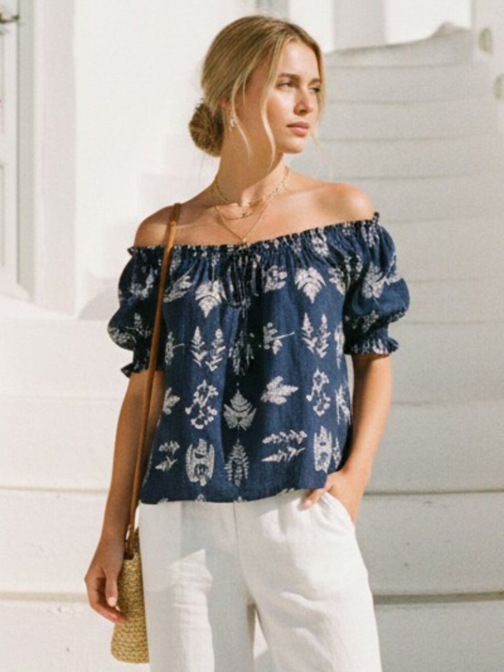 Pomander Place Beaufort Botanical Blouse XS NWT Navy Smocked Off Shoulder